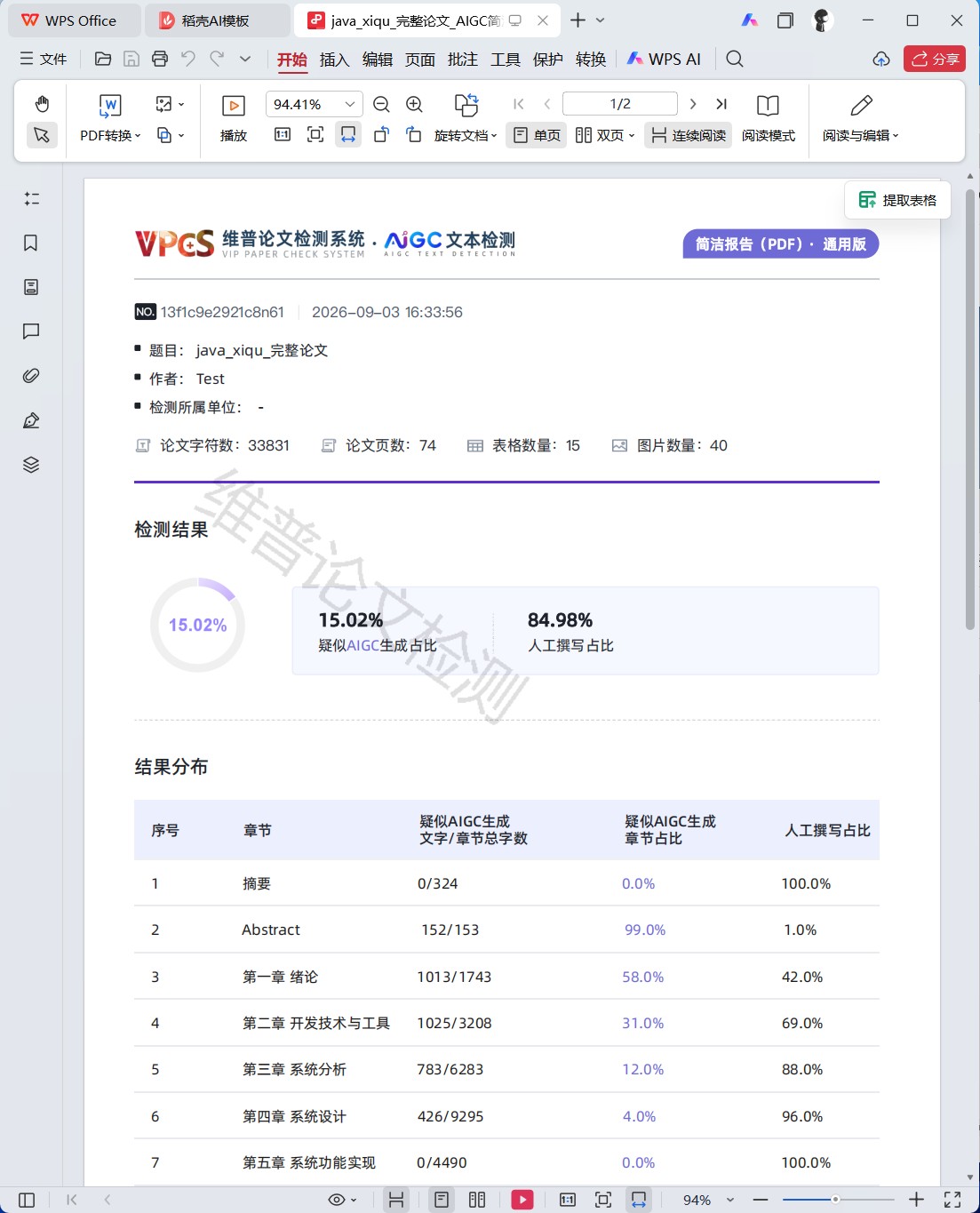 维普 AIGC 检测报告单